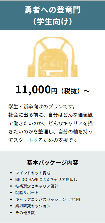 勇者への登竜門（学生向け）11,000円（税抜）〜。マインドセット育成、キャリア棚卸し、就職サポートなどを含む基本パッケージ。